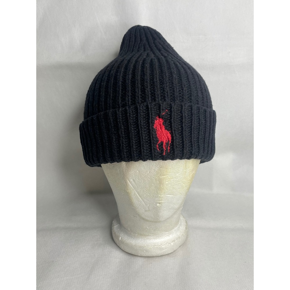 Vintage Polo Ralph Lauren Wool Big Horse Logo Ribbed Beanie OSFM Black Red Hat